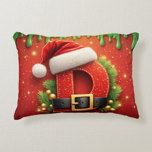 サンタの帽子とホリデー装飾のクリスマス文字D アクセントクッション (正面)