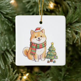 サンタの帽子とマフラーをしたキュートなクリスマスの柴犬 ほ セラミックオーナメント