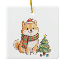 サンタの帽子とマフラーをしたキュートなクリスマスの柴犬 ほ