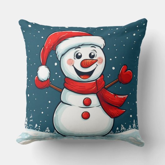 🎅 サンタの帽子とマフラーをした元気な雪だるま ❄️ クッション (正面)