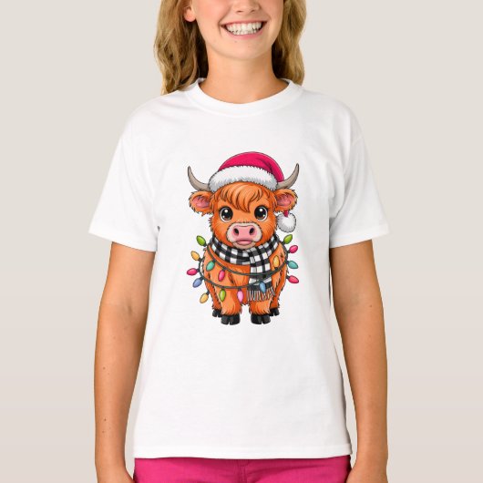 サンタの帽子とマフラー姿のキュートなクリスマスカウ Tシャツ (正面)