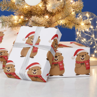 サンタの帽子と冬のマフラーをつけたかわいいクリスマスのマーモット ラッピングペーパー