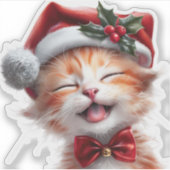 サンタの帽子と蝶ネクタイをつけたかわいいクリスマス猫 シール (正面)