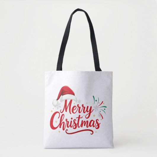 サンタの帽子と雪のメリークリスマス Typography トートバッグ (正面)