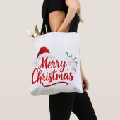 サンタの帽子と雪のメリークリスマス Typography トートバッグ (クローズアップ)
