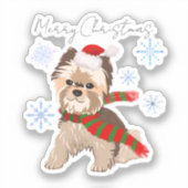 サンタの帽子と雪の結晶で飾られた可愛いクリスマスのヨーキーの絵 シール (正面)