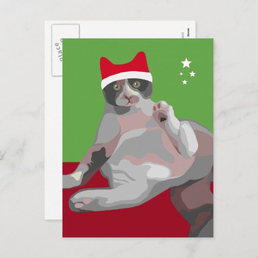 サンタの帽子のおもしろいなクリスマスの茶色のぶち猫 シーズンポストカード (正面/裏面)
