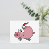 サンタの帽子のおもしろいなピンクのブタ シーズンポストカード (スタンド正面)