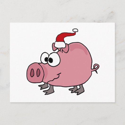 サンタの帽子のおもしろいなピンクのブタ シーズンポストカード (正面)