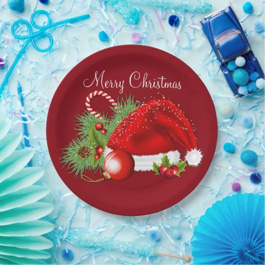 サンタの帽子のお祝いのクリスマスの赤い紙皿 ペーパープレート (パーティー)