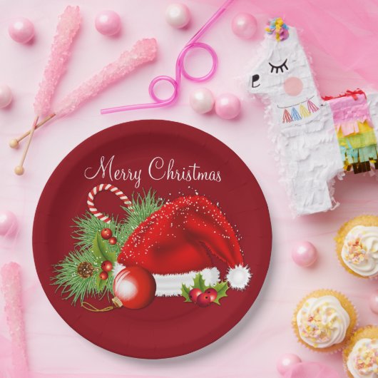 サンタの帽子のお祝いのクリスマスの赤い紙皿 ペーパープレート (パーティー)