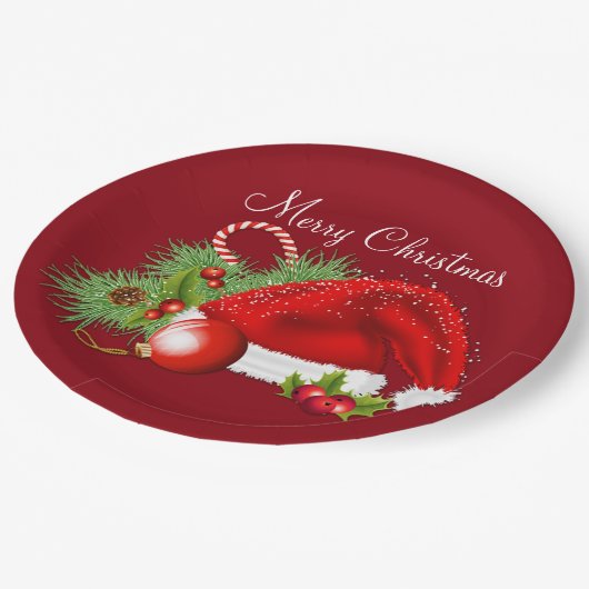サンタの帽子のお祝いのクリスマスの赤い紙皿 ペーパープレート (アングル)