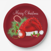 サンタの帽子のお祝いのクリスマスの赤い紙皿 ペーパープレート (正面)