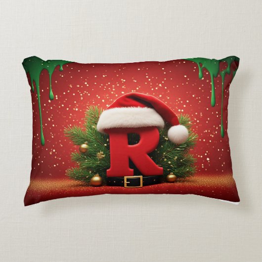 サンタの帽子のかわいいクリスマスモノグラムR アクセントクッション (正面)