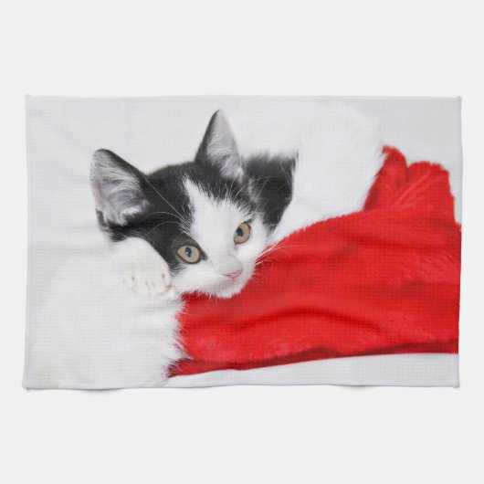 サンタの帽子のかわいい子ネコ キッチンタオル (横)
