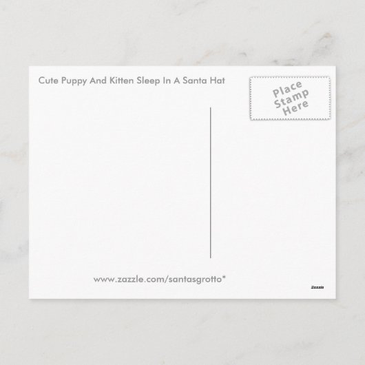 サンタの帽子のかわいい子犬および子ネコの睡眠 シーズンポストカード (裏面)