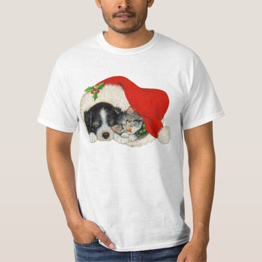サンタの帽子のかわいい子犬および子ネコの睡眠 Tシャツ (正面)