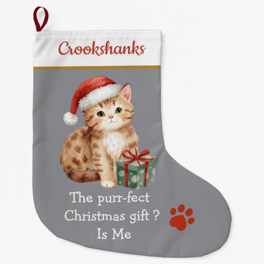 サンタの帽子のかわいい猫のクリスマス・ストッキング – 楽しい ラージクリスマスストッキング (正面)