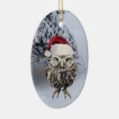 サンタの帽子のオーナメントを持つクリスマスのフクロウ セラミックオーナメント (右)