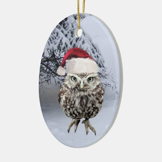 サンタの帽子のオーナメントを持つクリスマスのフクロウ セラミックオーナメント (左)