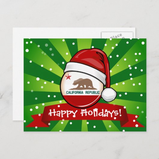 サンタの帽子のカリフォルニア旗 シーズンポストカード (正面/裏面)