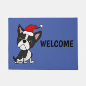 サンタの帽子のクリスマスのおもしろいなボストンテリア犬 ドアマット (正面)