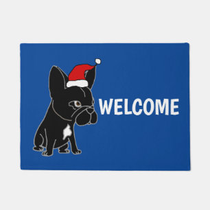 サンタの帽子のクリスマスのかわいく黒いフレンチ・ブルドッグ ドアマット