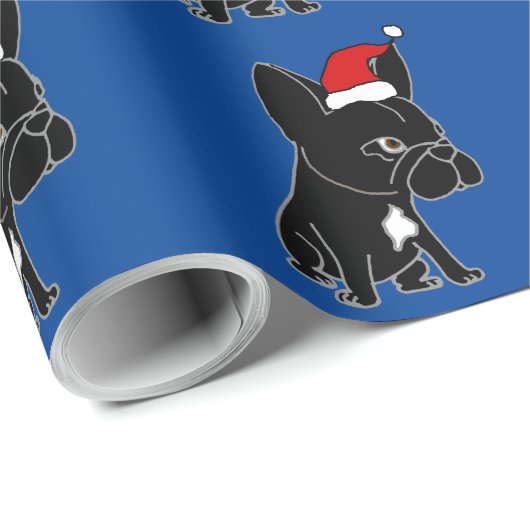 サンタの帽子のクリスマスのかわいく黒いフレンチ・ブルドッグ ラッピングペーパー (ロールコーナー)