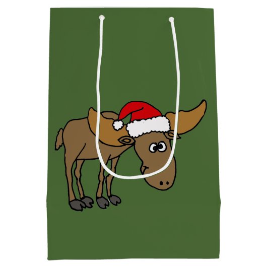 サンタの帽子のクリスマスのギフトバッグのおもしろいなアメリカヘラジカ ミディアムペーパーバッグ (裏面)
