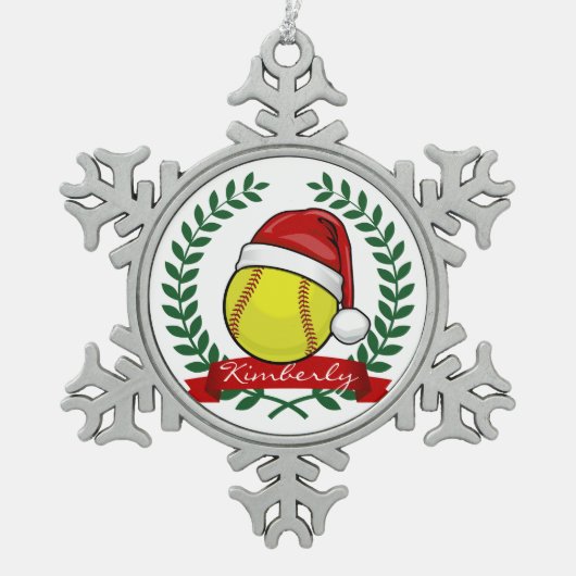 サンタの帽子のクリスマスのスタイルのソフトボール スノーフレークピューターオーナメント (正面)