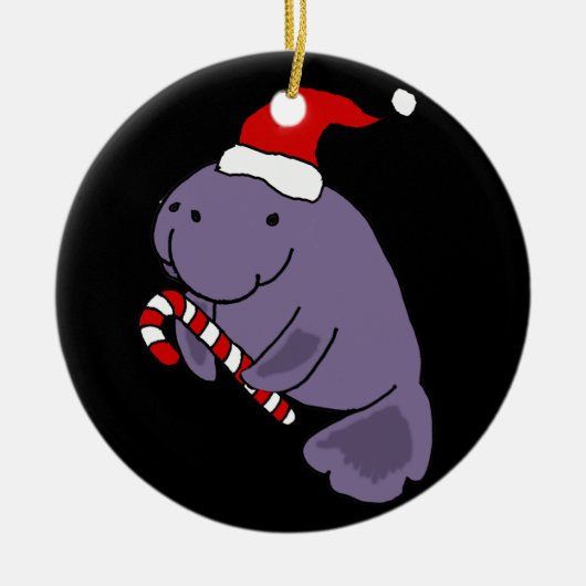 サンタの帽子のクリスマスの漫画のおもしろいなマナティー セラミックオーナメント (正面)