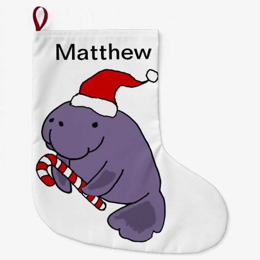 サンタの帽子のクリスマスの漫画のおもしろいなマナティー ラージクリスマスストッキング (正面)