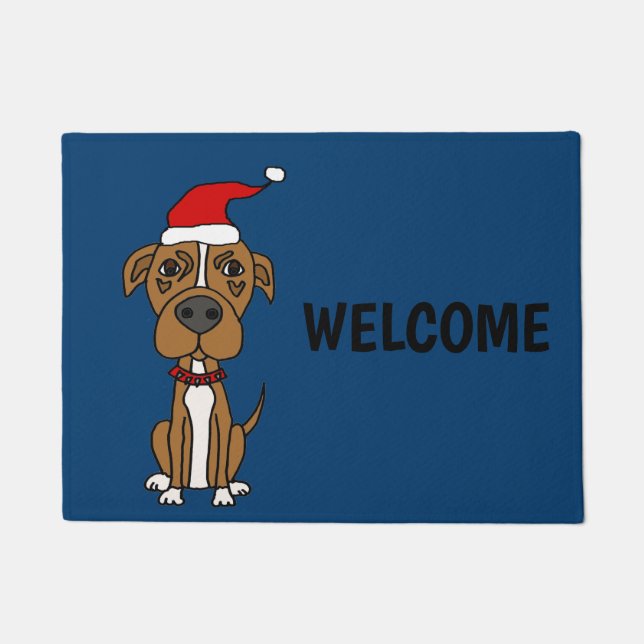 サンタの帽子のクリスマスの漫画のかわいいブラウンのピット・ブル ドアマット (正面)