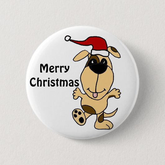 サンタの帽子のクリスマスの漫画の幸せな踊り犬 缶バッジ (正面)
