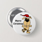 サンタの帽子のクリスマスの漫画の幸せな踊り犬 缶バッジ (正面&裏面)