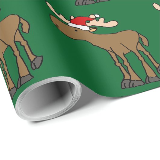 サンタの帽子のクリスマスの漫画を身に着けているおもしろいなアメリカヘラジカ ラッピングペーパー (ロールコーナー)