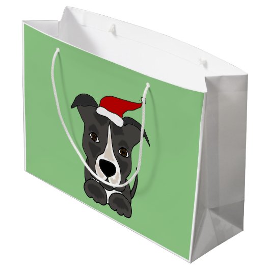 サンタの帽子のクリスマスの芸術のおもしろいな灰色のピットブル ラージペーパーバッグ (裏面アングル)