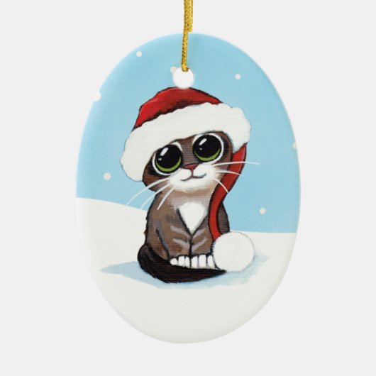 サンタの帽子のクリスマスの虎猫の子ネコ セラミックオーナメント (正面)