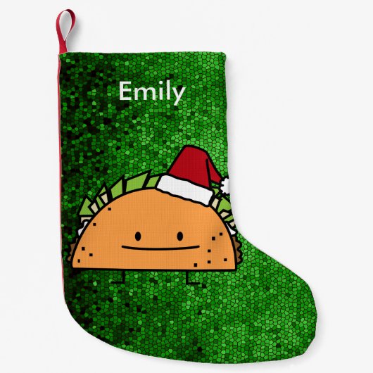サンタの帽子のクリスマスの貝肉サルサを身に着けているタコス スモールクリスマスストッキング (正面)