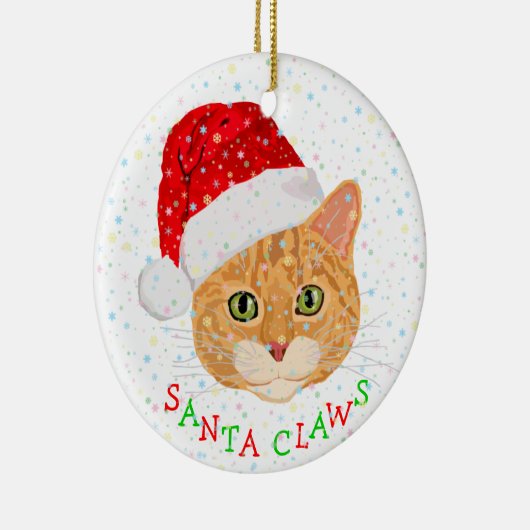 サンタの帽子のクリスマスの雪片そしてかわいい猫 セラミックオーナメント (右)