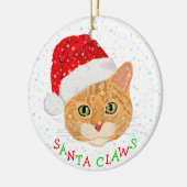 サンタの帽子のクリスマスの雪片そしてかわいい猫 セラミックオーナメント (左)