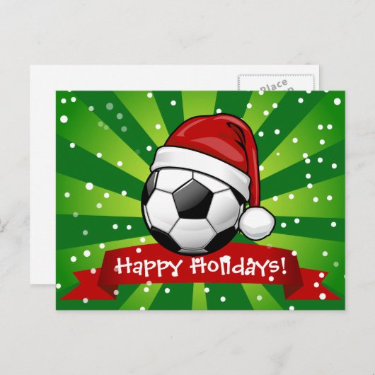 サンタの帽子のクリスマスを身に着けているサッカーボール シーズンポストカード (正面/裏面)