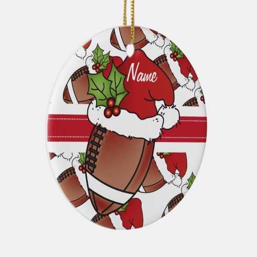 サンタの帽子のクリスマスフットボールを個人設定 セラミックオーナメント (右)