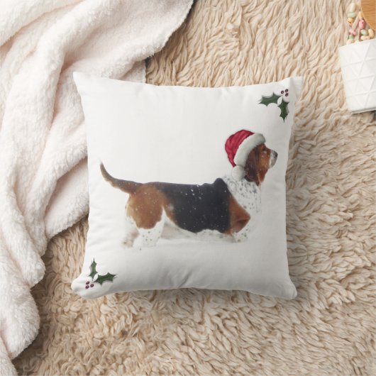 サンタの帽子のバセットハウンドが付いているクリスマスの枕 クッション (ブランケット)