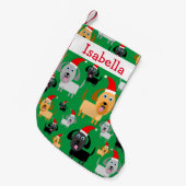 サンタの帽子のパーソナライズなおもしろいのかわいい犬 スモールクリスマスストッキング (正面 (吊り時))