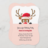 サンタの帽子のピンクの招待状のトナカイ 招待状 (正面/裏面)