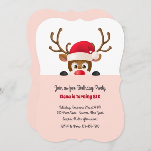 サンタの帽子のピンクの招待状のトナカイ 招待状 (正面/裏面)