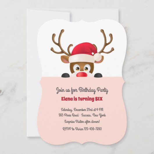 サンタの帽子のピンクの招待状のトナカイ 招待状 (正面)