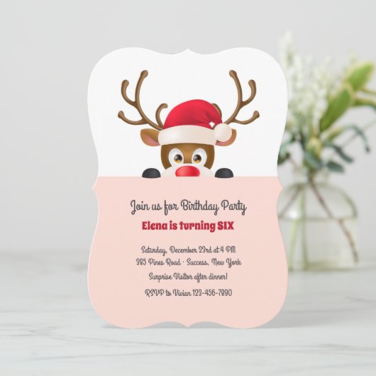 サンタの帽子のピンクの招待状のトナカイ 招待状 (スタンド正面)