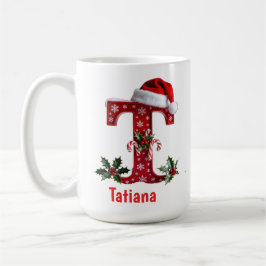 サンタの帽子のモノグラムイニシャルT メリークリスマス コーヒーマグカップ